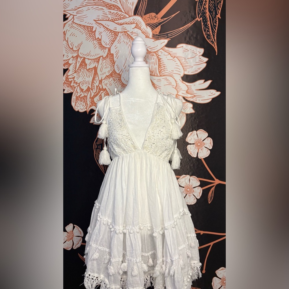 Antica Sartoria Italian White Boho Tassel Tie Mini Dress with Beaded Bodice